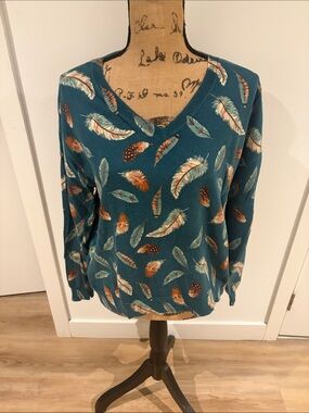 LOFT Teal V-Neck Feather Print Sweater